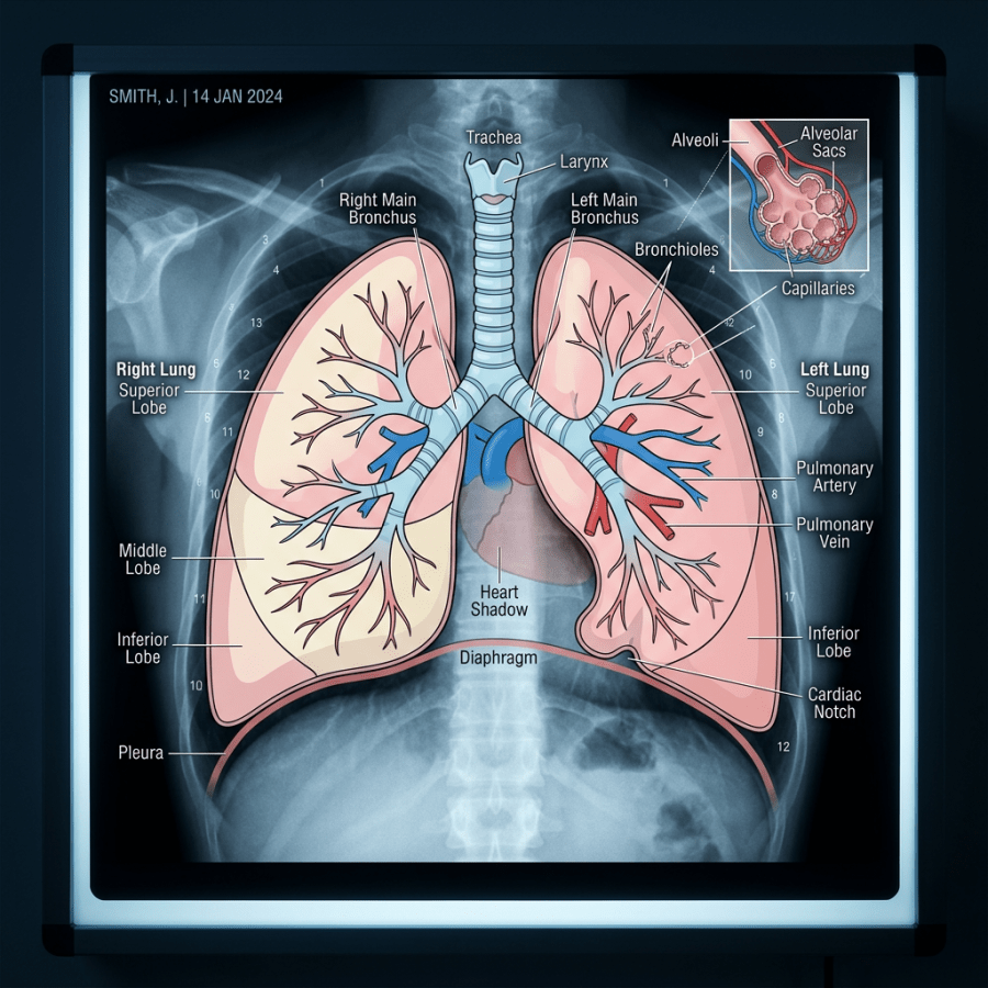 Chest X-ray with labeled lung anatomy including bronchi, lobes, pulmonary arteries and veins, diaphragm, and alveoli inset