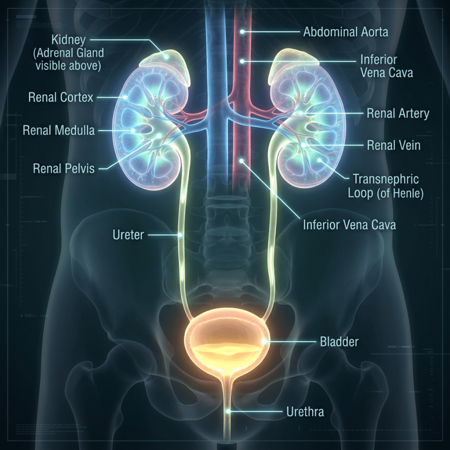 Detailed anatomical diagram of human urinary system with kidneys, ureters, bladder, renal arteries and veins labeled