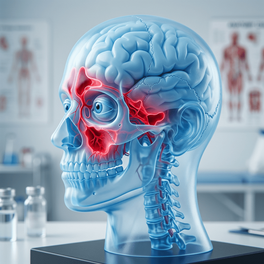 Transparent human head with highlighted red inflamed sinus cavities and visible brain and skull structures
