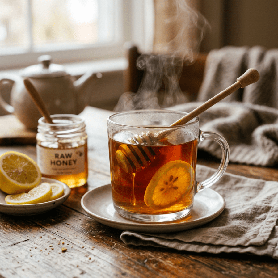 Steaming glass cup of honey lemon tea with honey dipper and lemon slice