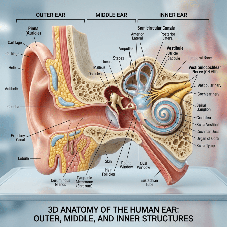 3D anatomy of human ear with labels of outer, middle, and inner ear parts