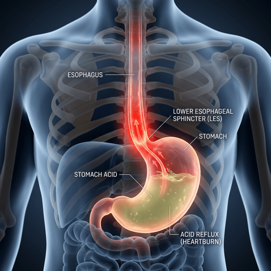 Diagram of esophagus, lower esophageal sphincter, stomach, stomach acid, and acid reflux causing heartburn