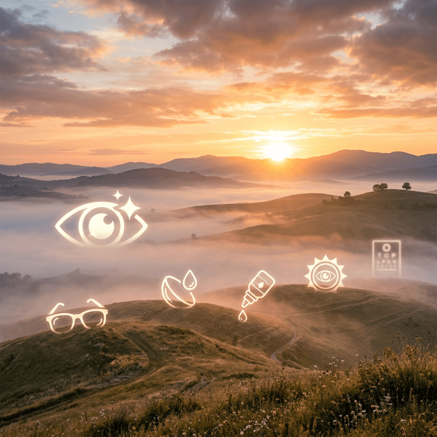 Scenic sunrise landscape with foggy hills and vision care icons including eye, glasses, contact lens, eye drops, sun protection, and eye chart
