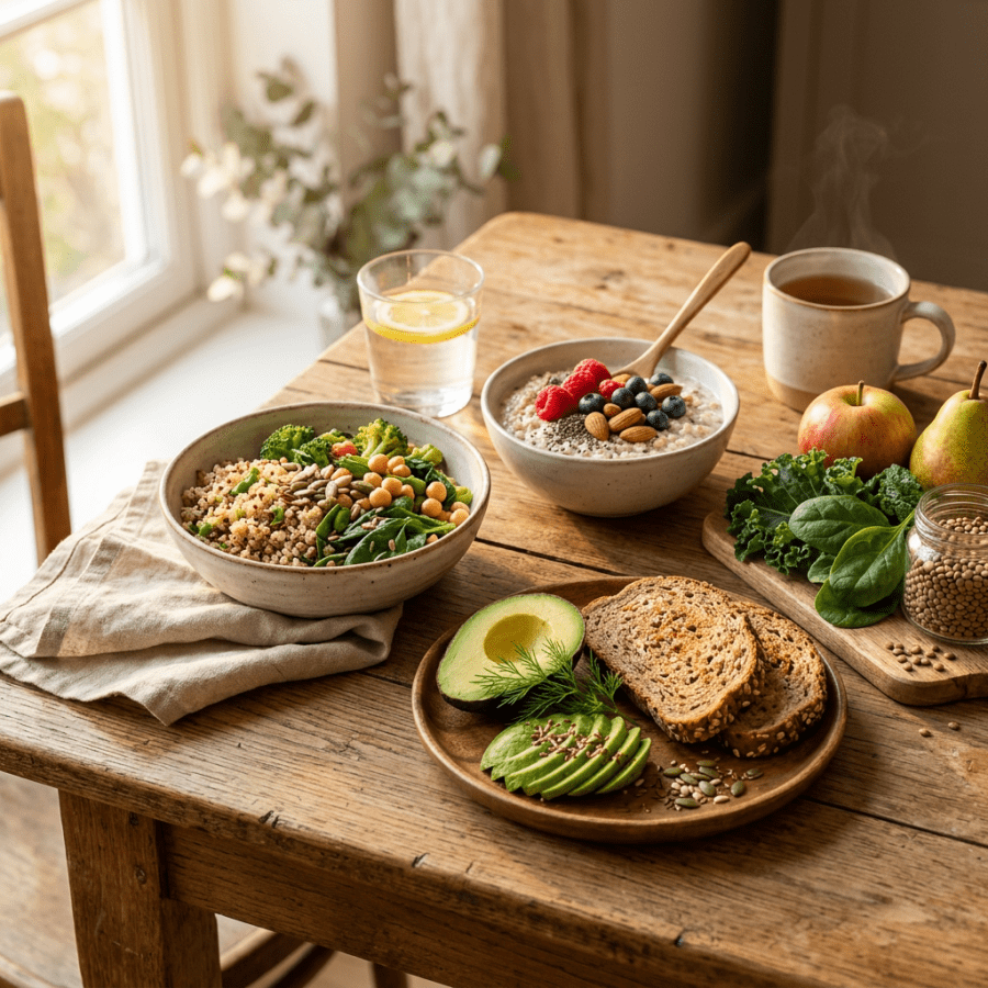 Breakfast table with quinoa bowl, porridge with berries, sliced avocado, whole grain toast, and fresh fruits
