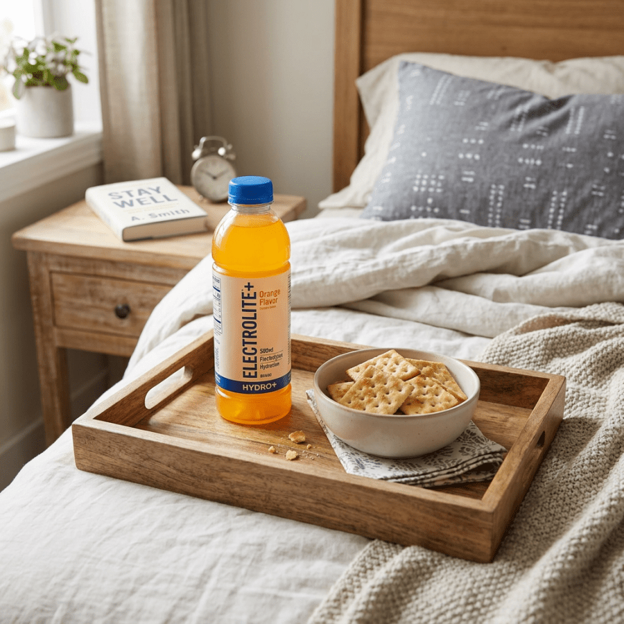Orange Electrolyte+ drink bottle and bowl of crackers on a wooden tray on bed