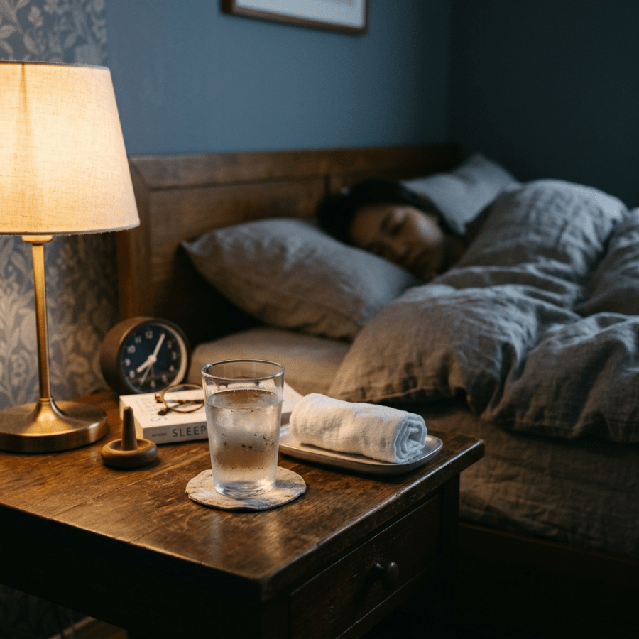 Wooden nightstand with a glass of water, rolled towel on a plate, clock, lamp, and book beside a sleeping person in bed