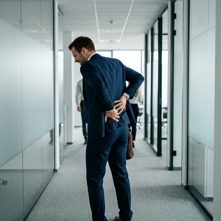 Man in navy suit holding his lower back in pain in office hallway