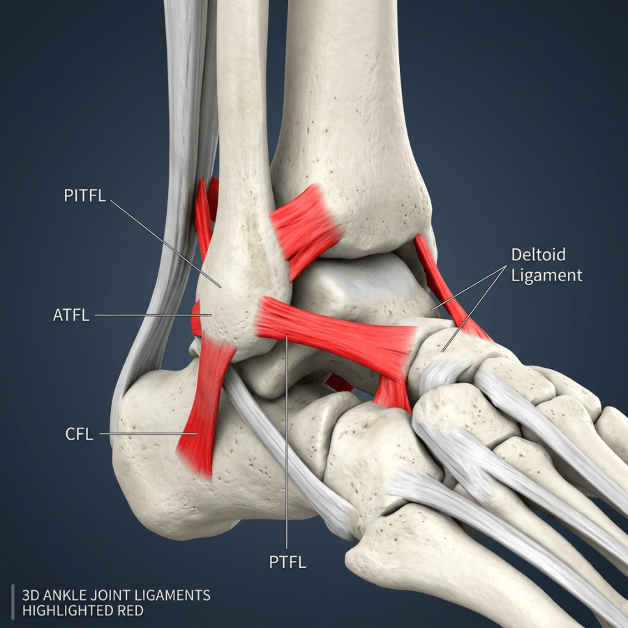 3D illustration of ankle joint bones and ligaments including PITFL, ATFL, CFL, PTFL, and Deltoid Ligament highlighted in red