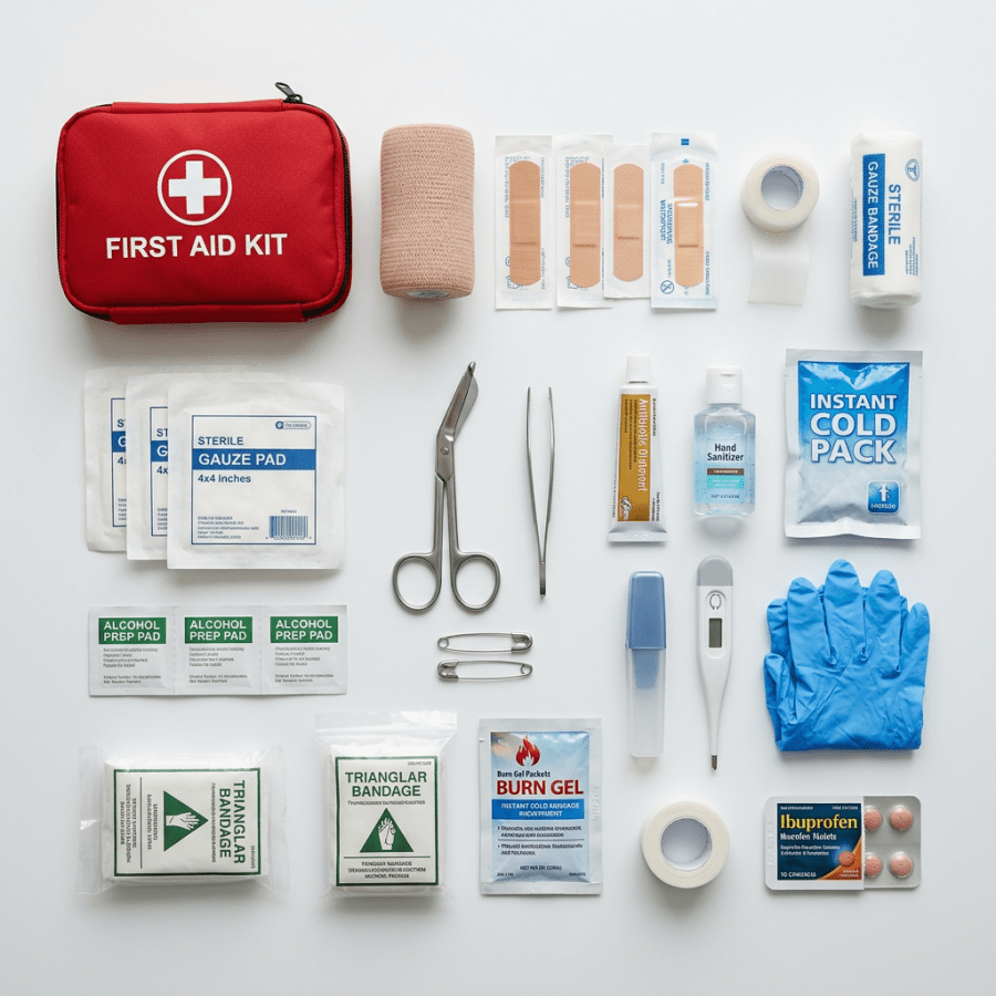 Red first aid kit with assorted bandages, scissors, gloves, thermometer, antiseptic, and medication arranged on white surface