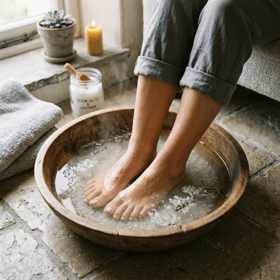 Feet soaking in wooden bowl with steaming water, lavender, and Epsom salts