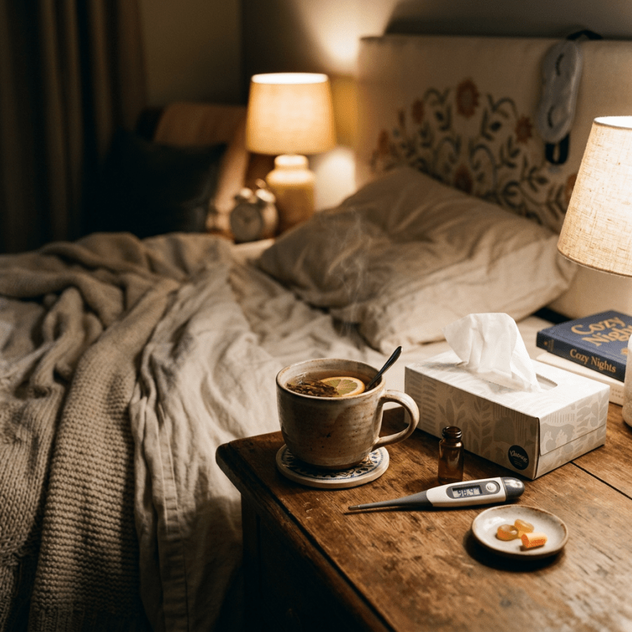 Steaming cup of lemon tea, thermometer reading 98.9°F, tissues, and medicine on bedside table