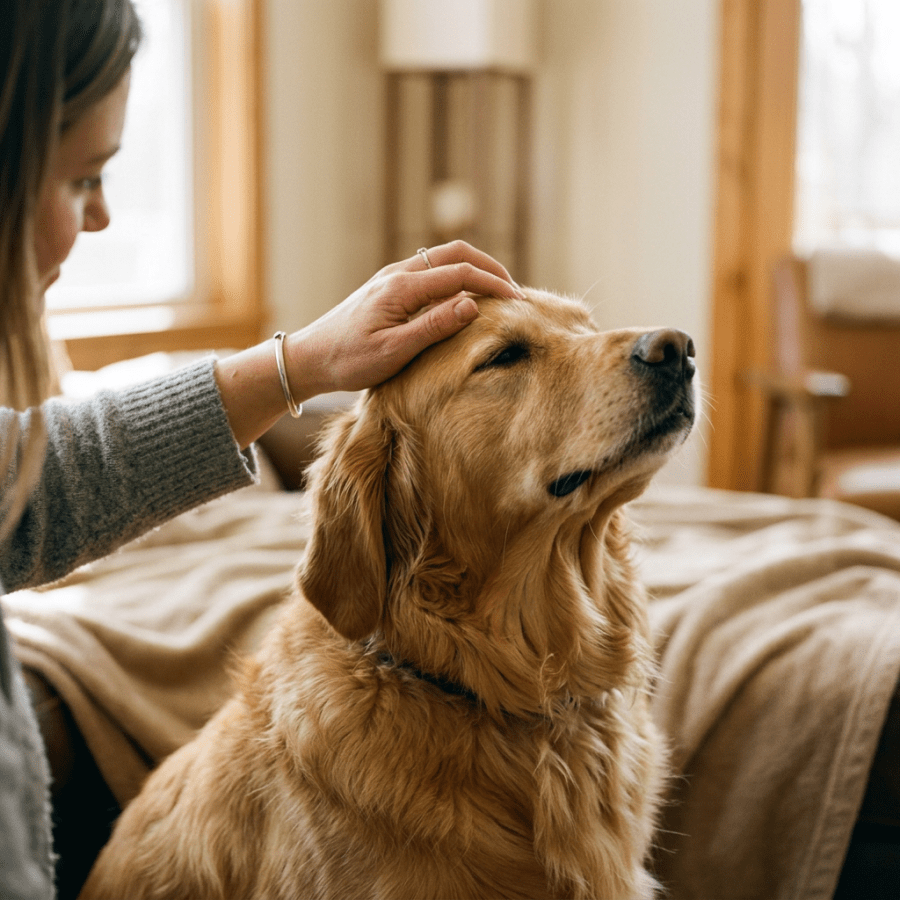 Golden retriever with eyes closed being petted by a woman indoors