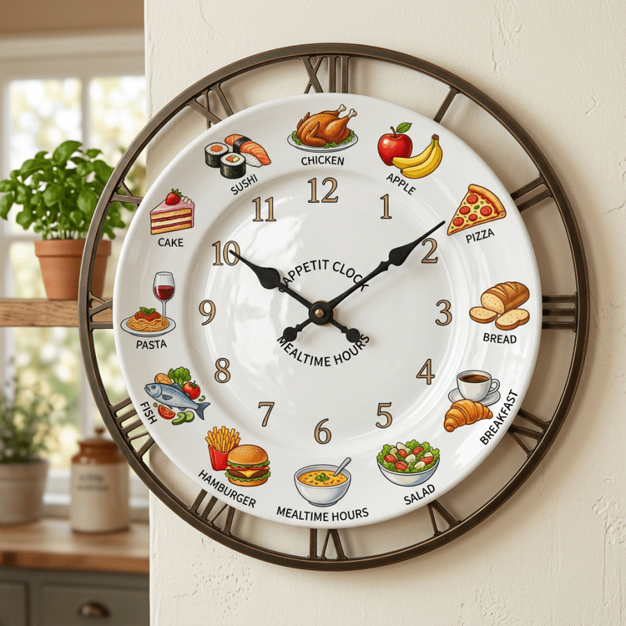 Wall clock with illustrations of various foods representing mealtime hours