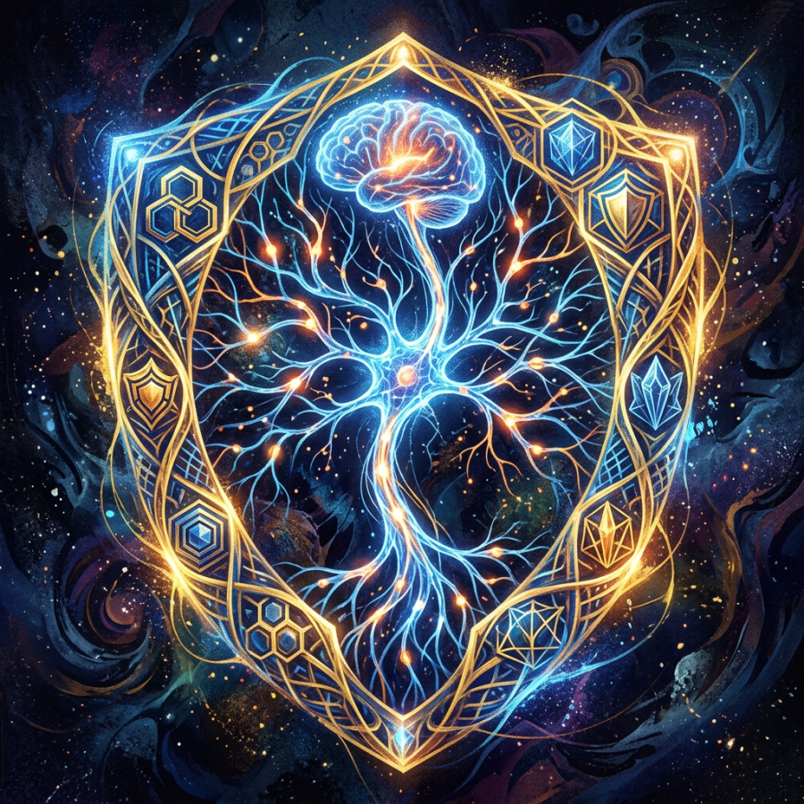Glowing neural network with brain at top surrounded by a golden shield containing various emblem icons.