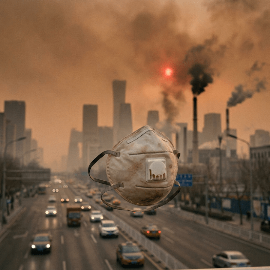 Man wearing protective mask with smoky industrial city background