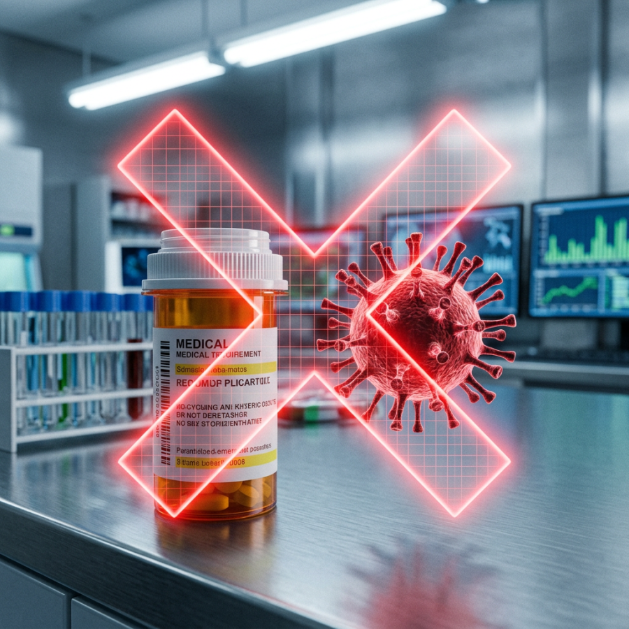 Prescription bottle next to virus with red X overlay indicating medication ineffective