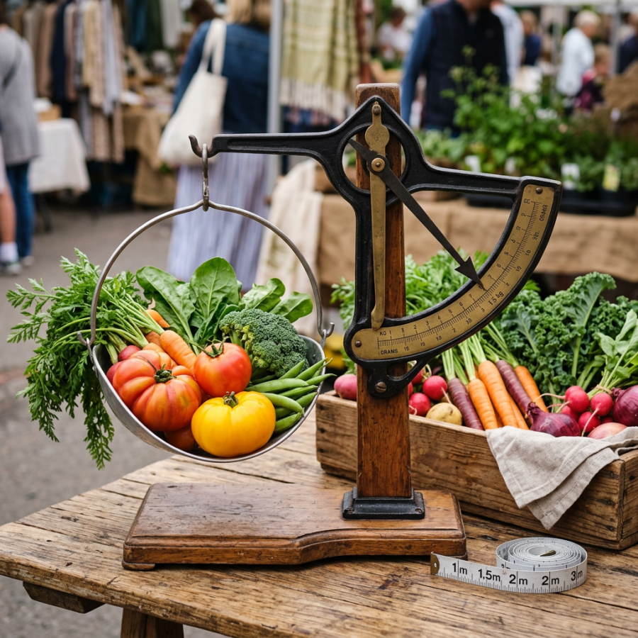 Vintage balance scale holding fresh tomatoes, carrots, broccoli, and greens