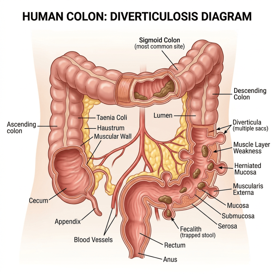 Diagram of the human colon highlighting diverticulosis features including diverticula, muscle layer weakness, herniated mucosa, and fecalith.