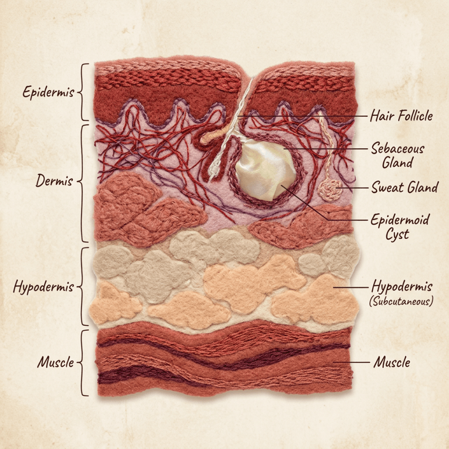 Cross-section of skin layers showing epidermis, dermis, hypodermis, muscle, hair follicle, sebaceous gland, sweat gland, and epidermoid cyst