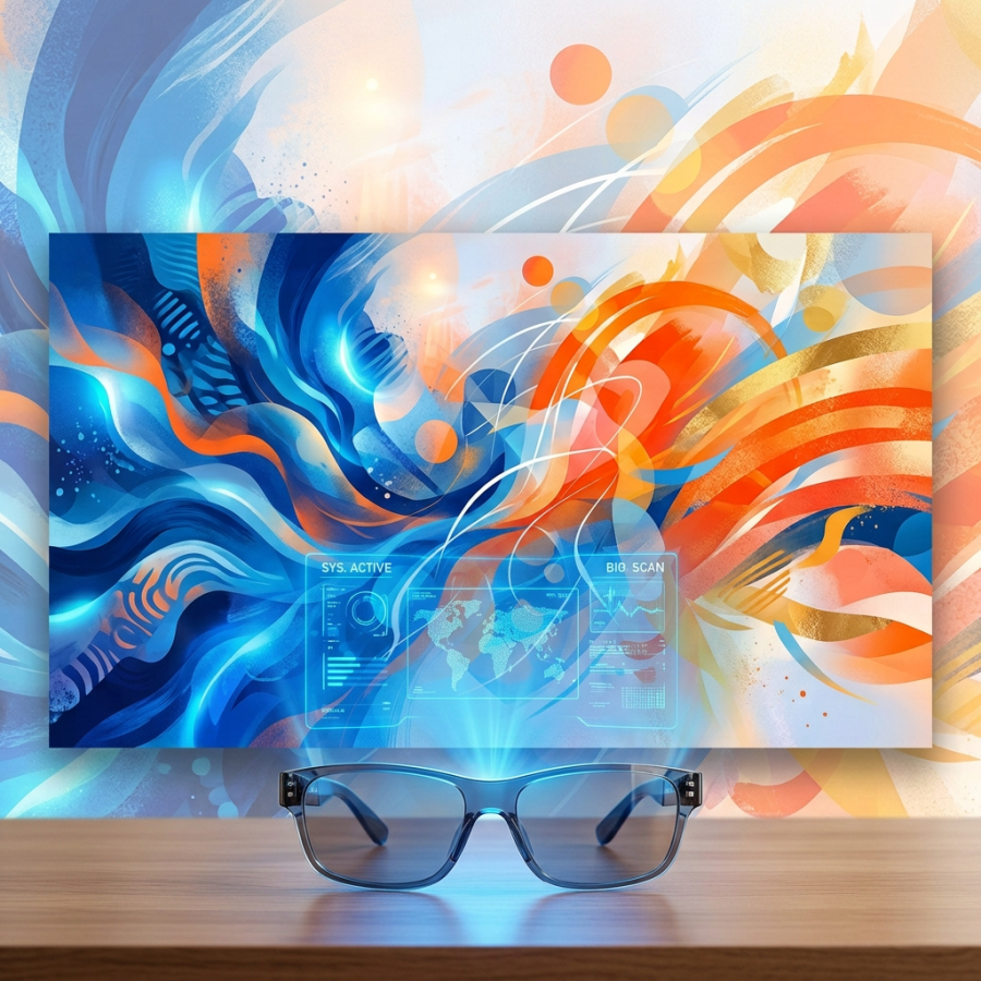 Abstract swirling blue and orange shapes with dynamic flow and light accents