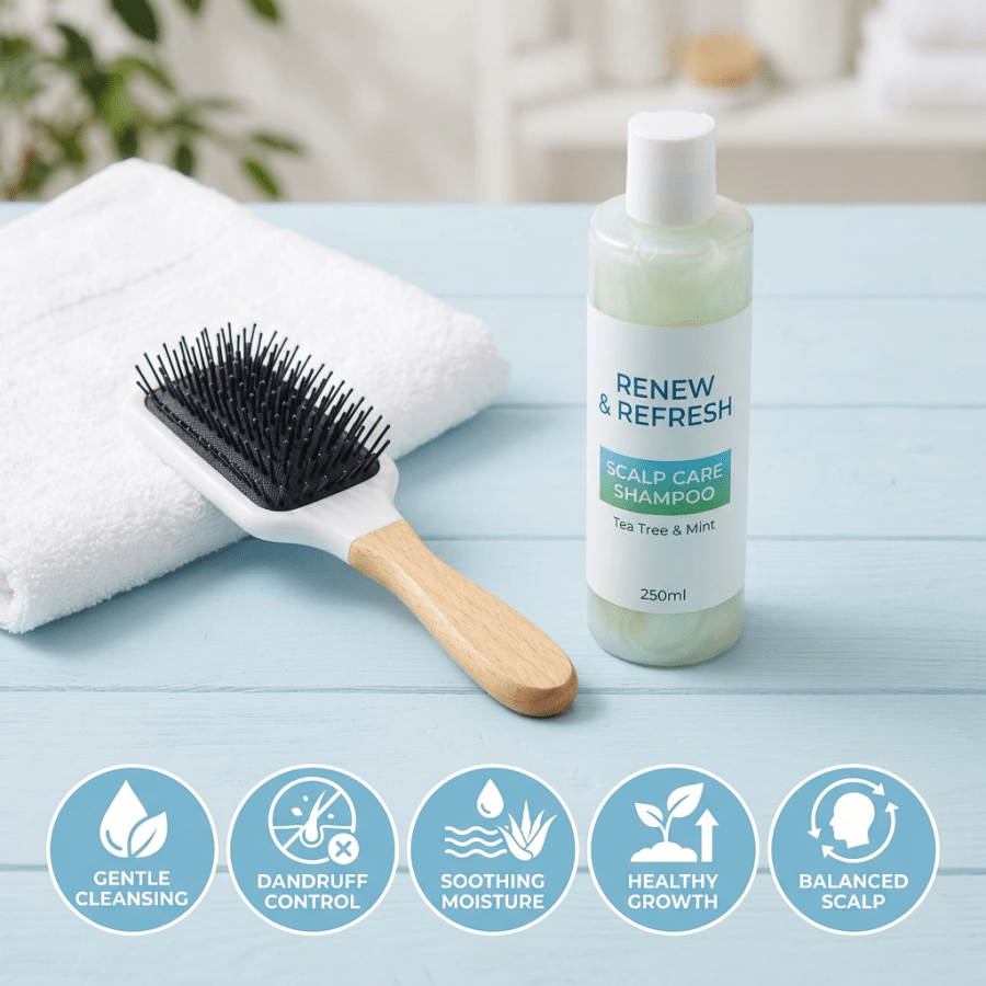 Bottle of scalp care shampoo labeled Renew & Refresh with hairbrush and towel
