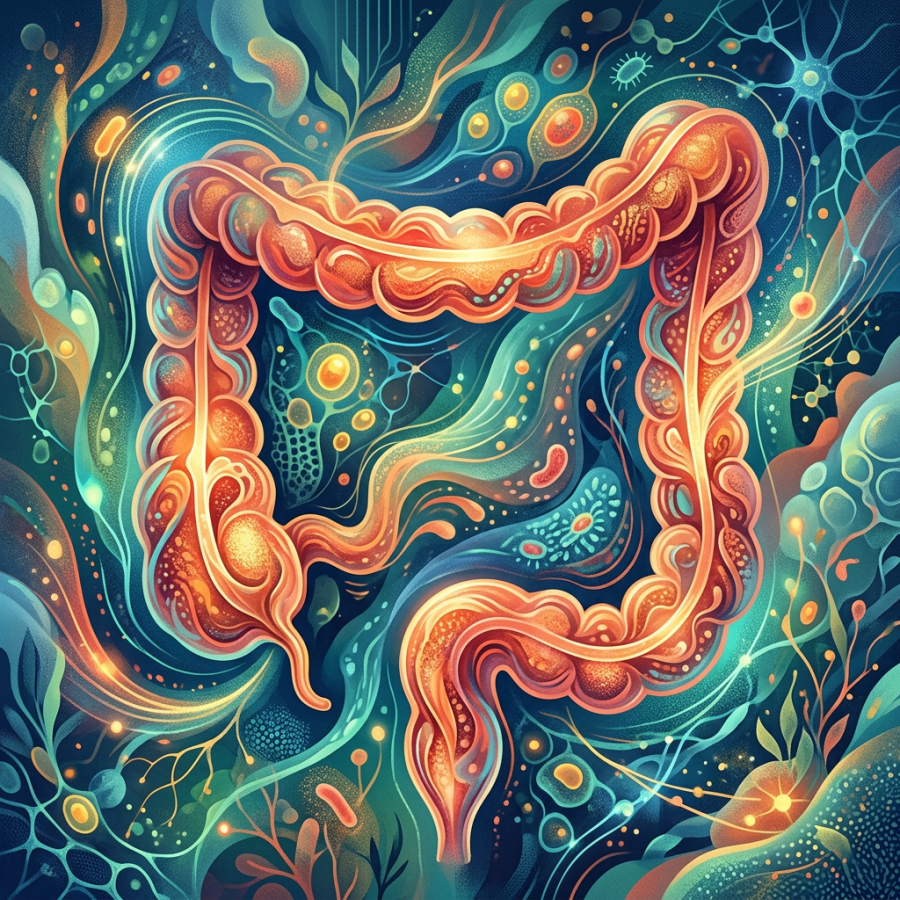 Abstract artistic illustration of the human digestive system with surrounding microbiome cells