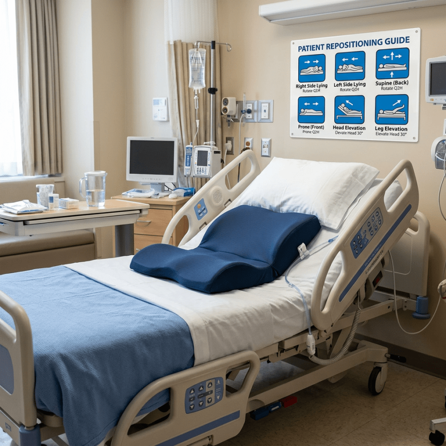 Hospital bed with medical equipment and patient repositioning guide on wall