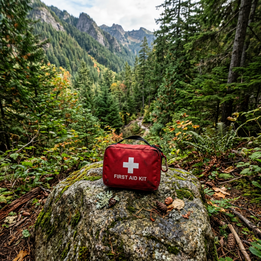 Red first aid kit with white cross on a rock in green forest