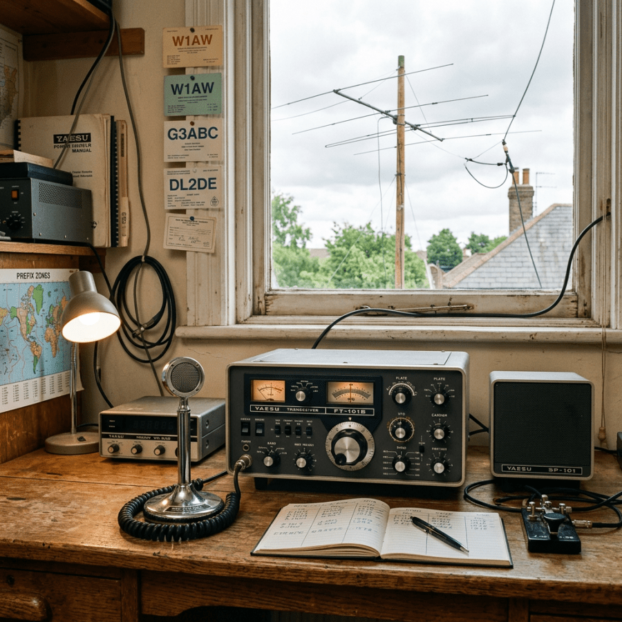 Ham radio transceiver with microphone, speaker, and logbook on wooden desk by window