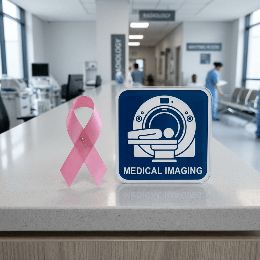 Pink breast cancer awareness ribbon next to medical imaging sign on hospital counter