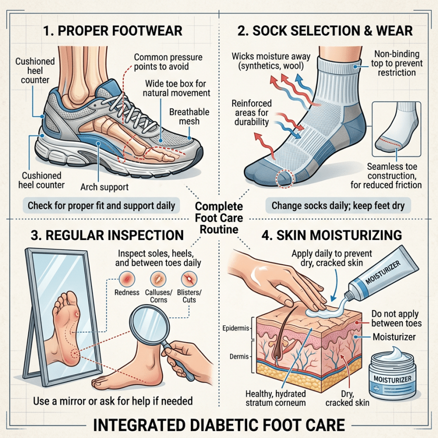 Diagram showing proper footwear, sock selection, foot inspection, and skin moisturizing for diabetic foot care.