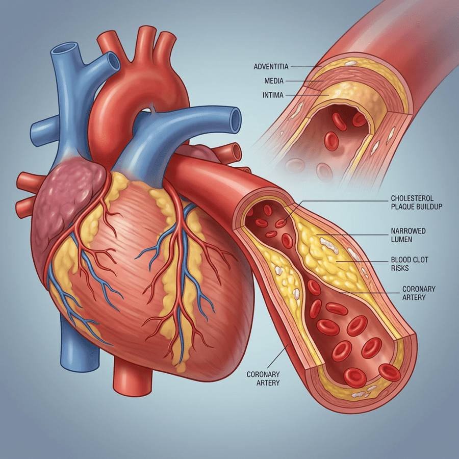 Heart anatomy with coronary artery cross-section showing cholesterol plaque buildup, narrowed lumen, and blood clot risks