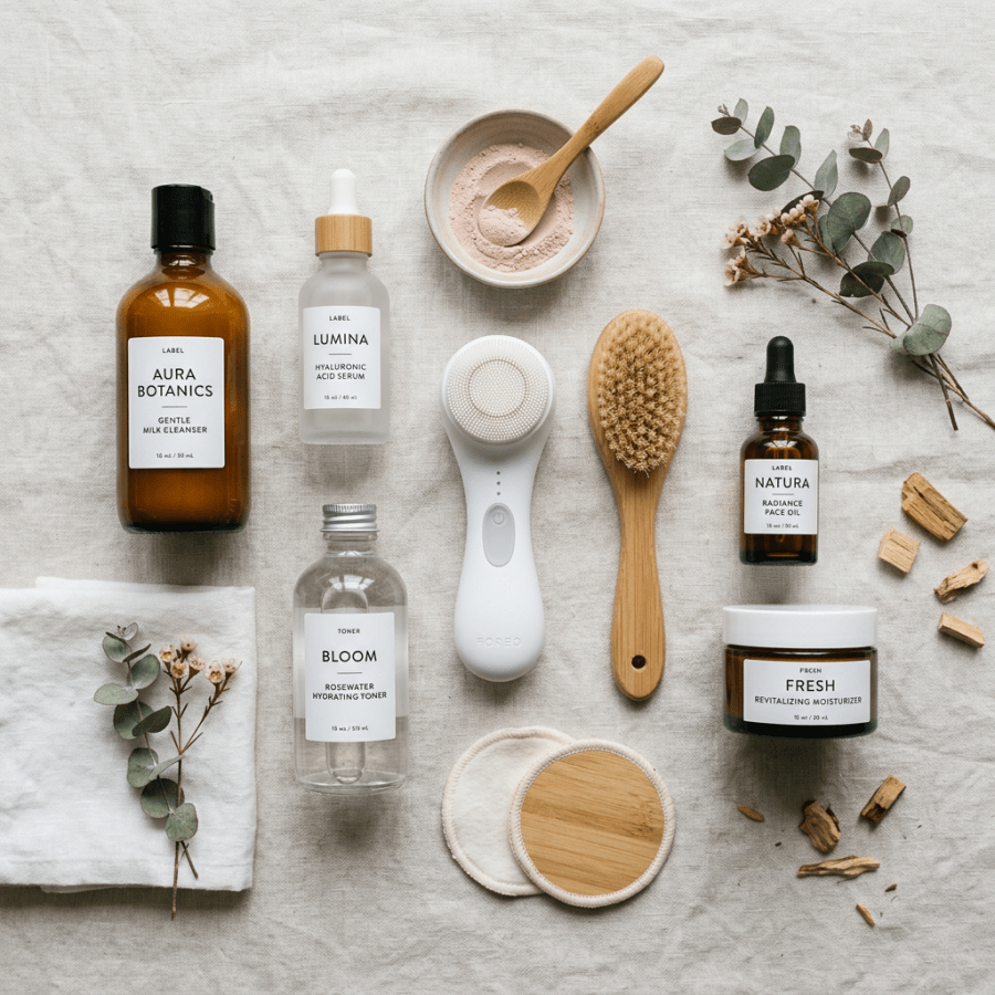 Collection of labeled skincare bottles, brush, facial cleanser, and natural elements on fabric