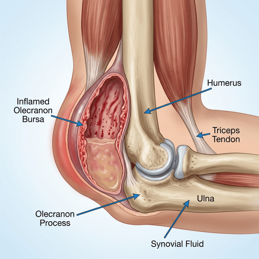 Anatomical diagram of elbow joint highlighting inflamed olecranon bursa, humerus, ulna, olecranon process, triceps tendon, and synovial fluid.