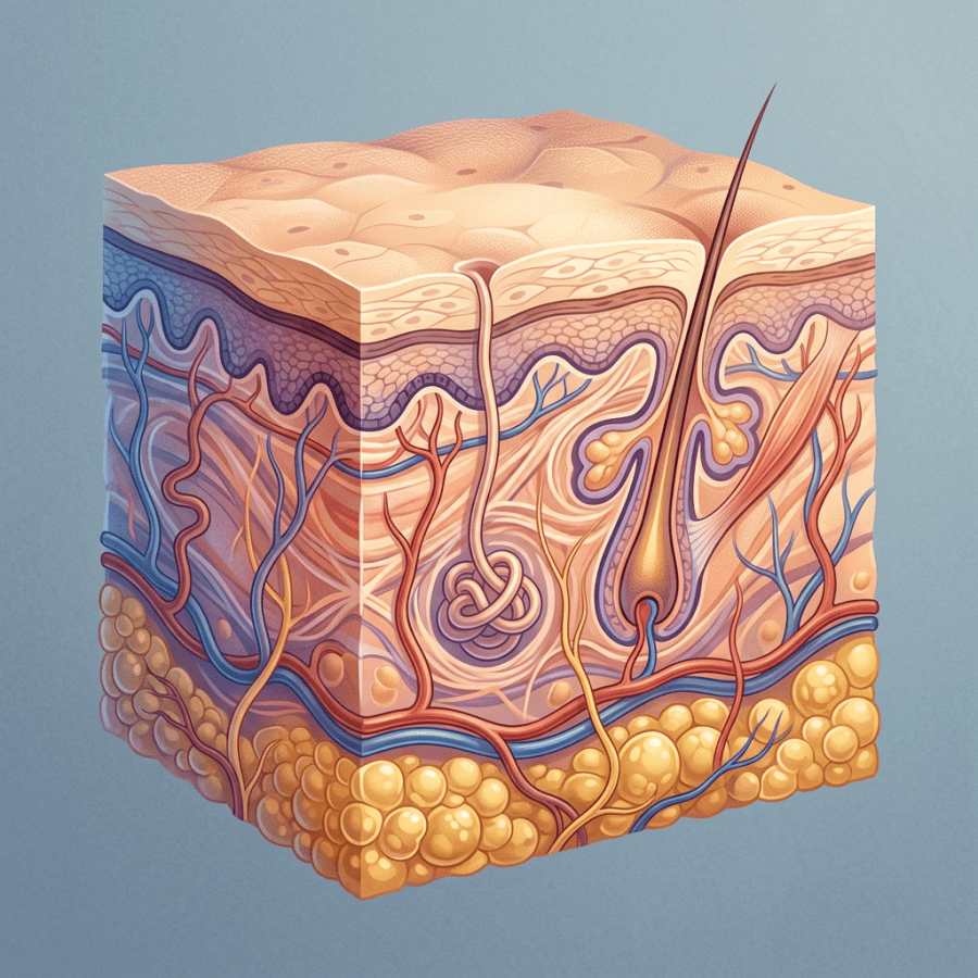 Cross-section illustration of human skin showing epidermis, dermis, hair follicle, sweat gland, blood vessels, and fat cells