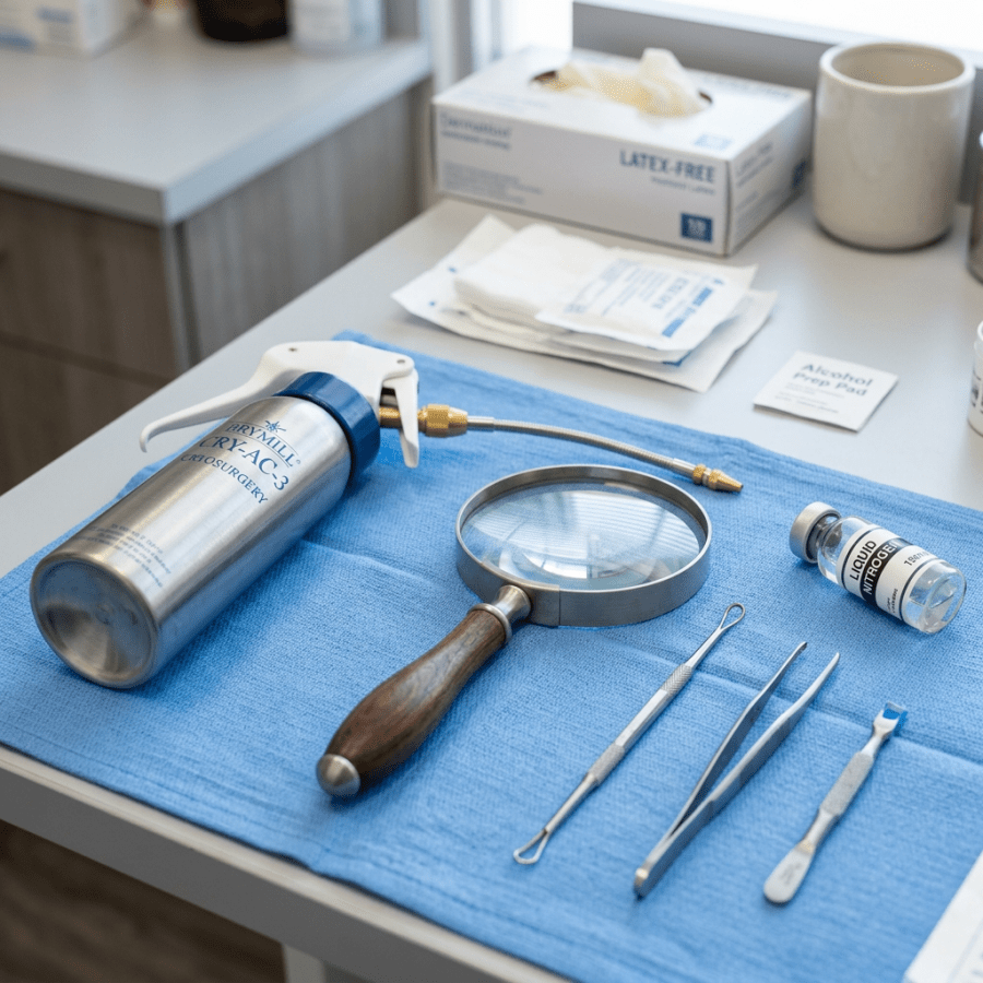 Cryosurgery device, magnifying glass, tools, and liquid nitrogen vial on blue cloth