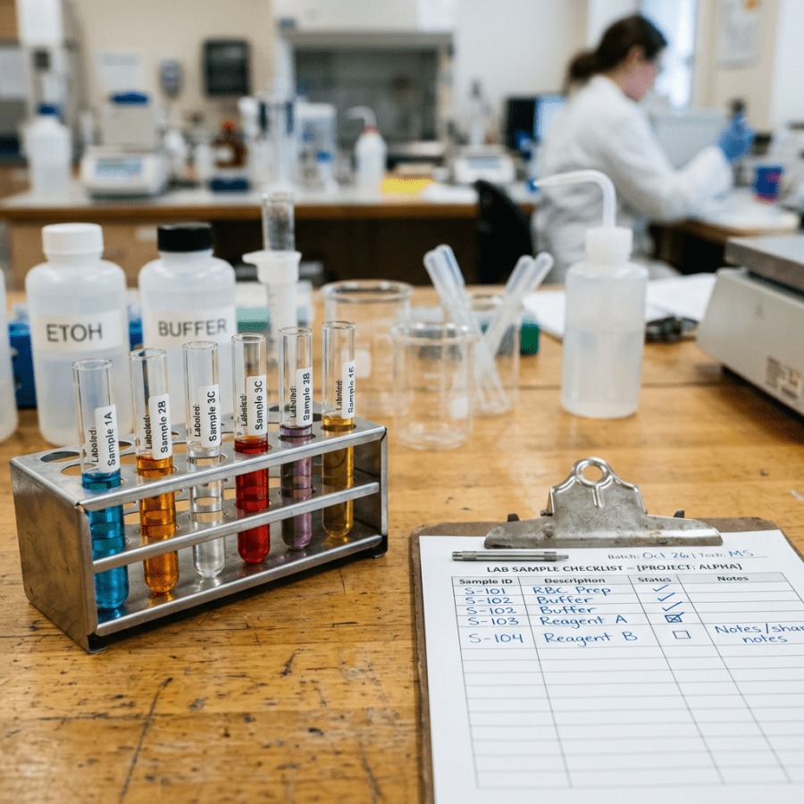 Test tubes with colorful liquids labeled with sample IDs and a lab checklist on a wooden table