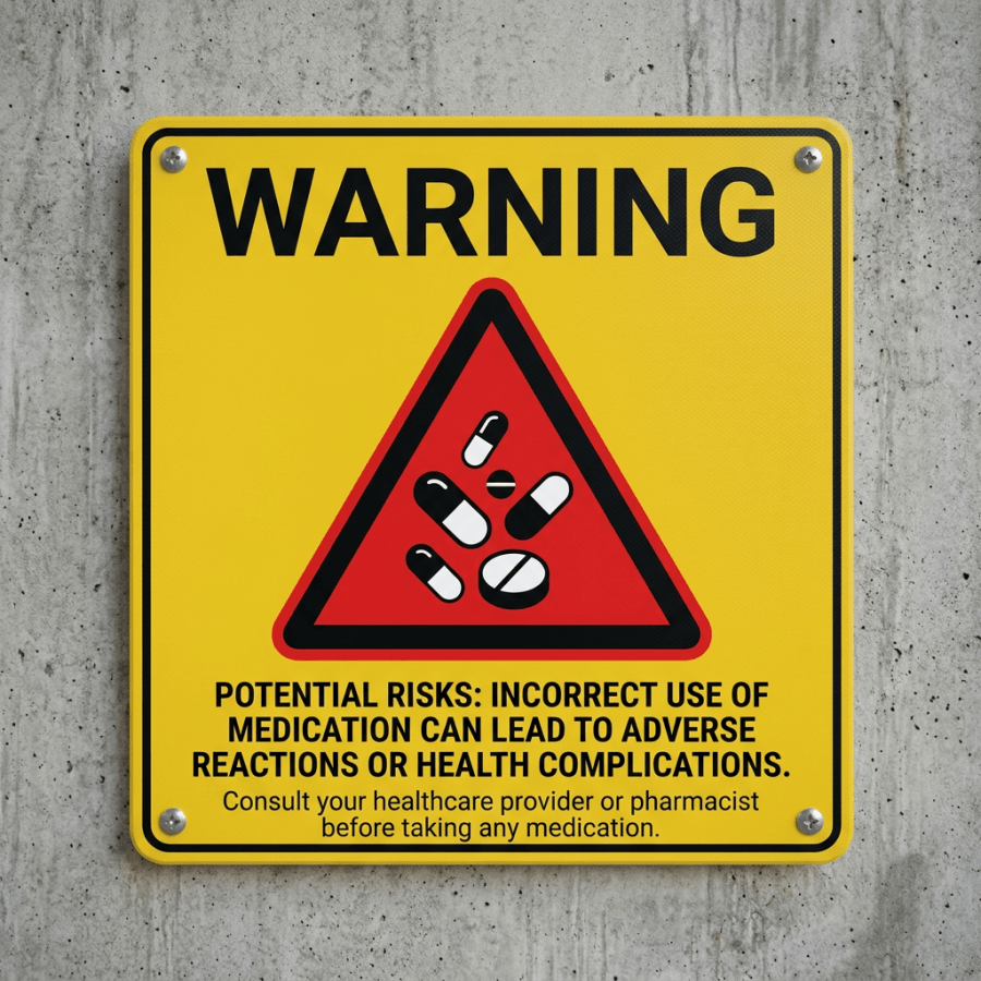 Warning sign about medication risks with pill icons and advisory text