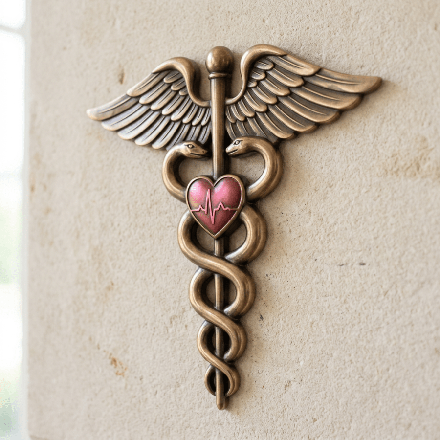 Caduceus with two snakes, wings, and a heart with heartbeat line