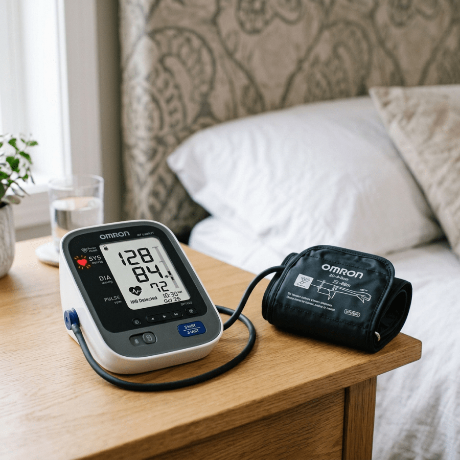 Digital blood pressure monitor displaying 128/84 mmHg and pulse 72 bpm on a person's arm