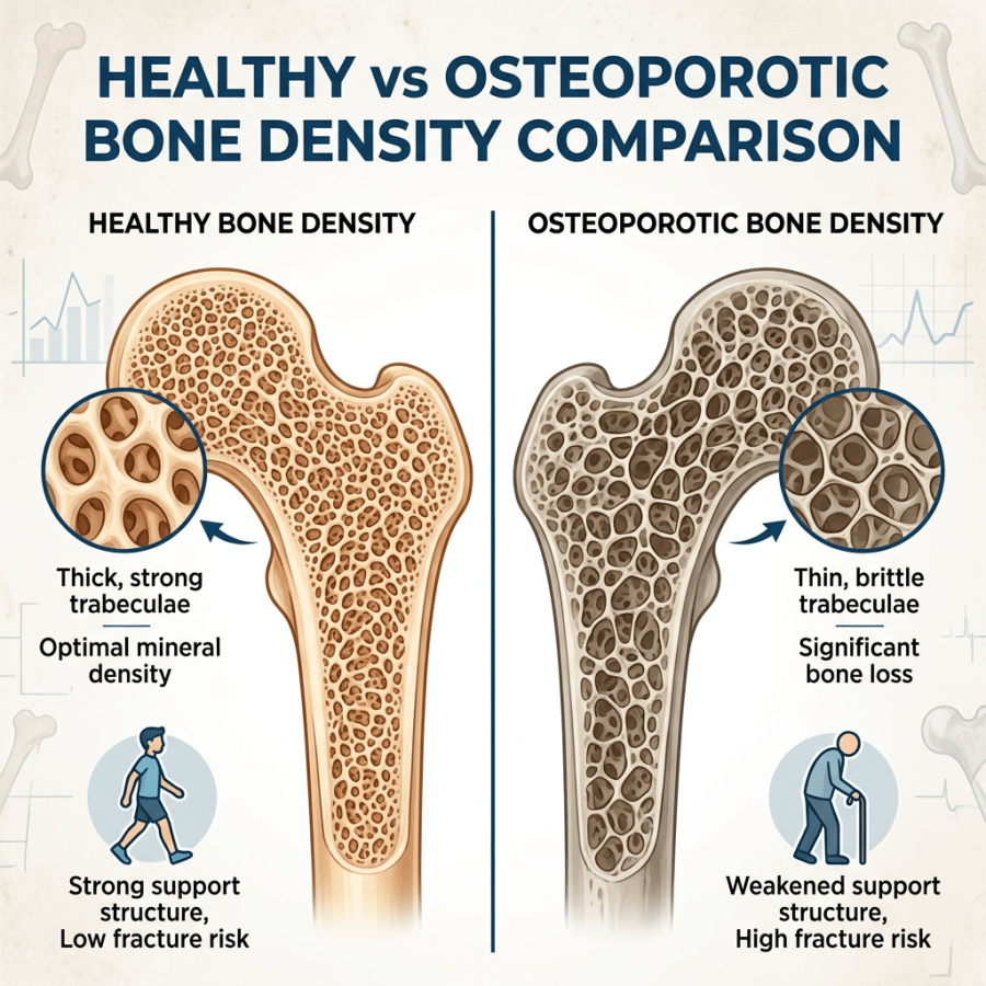 Comparison of healthy and osteoporotic bone density showing thick trabeculae with low fracture risk versus thin trabeculae with high fracture risk