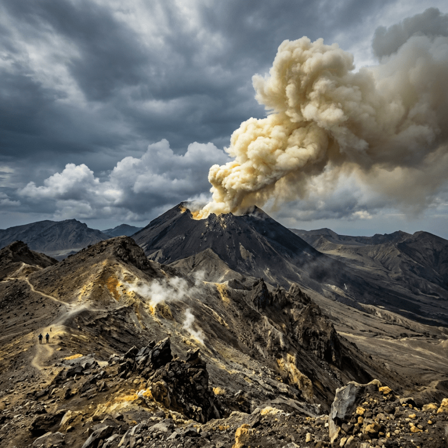 Erupting volcano emitting thick yellowish smoke with hikers on nearby rocky ridge