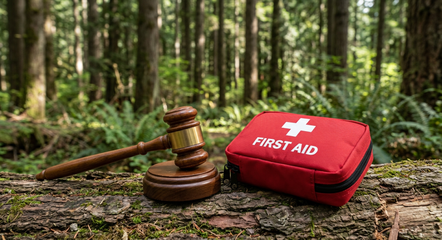Judge's gavel next to a red first aid kit on mossy log in forest