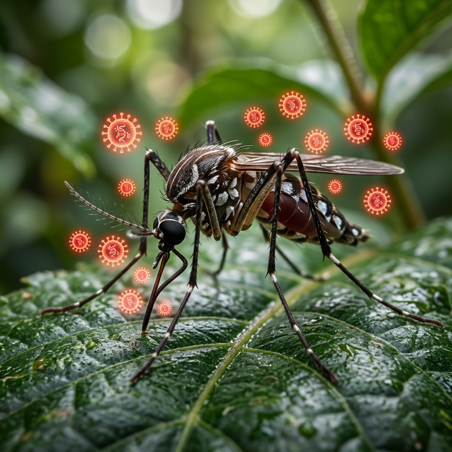Close-up of a mosquito on a leaf with red virus particles overlay