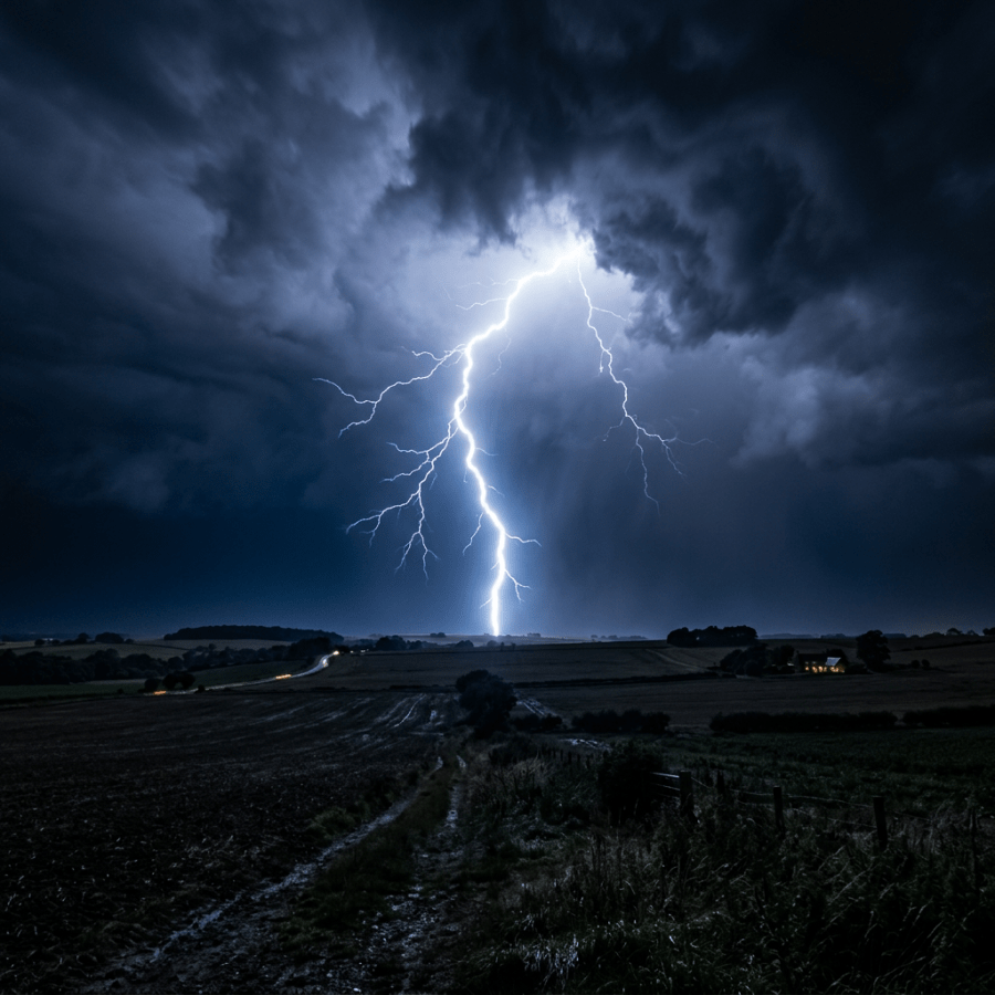 Lightning bolt striking the ground under dark storm clouds at night over a rural landscape