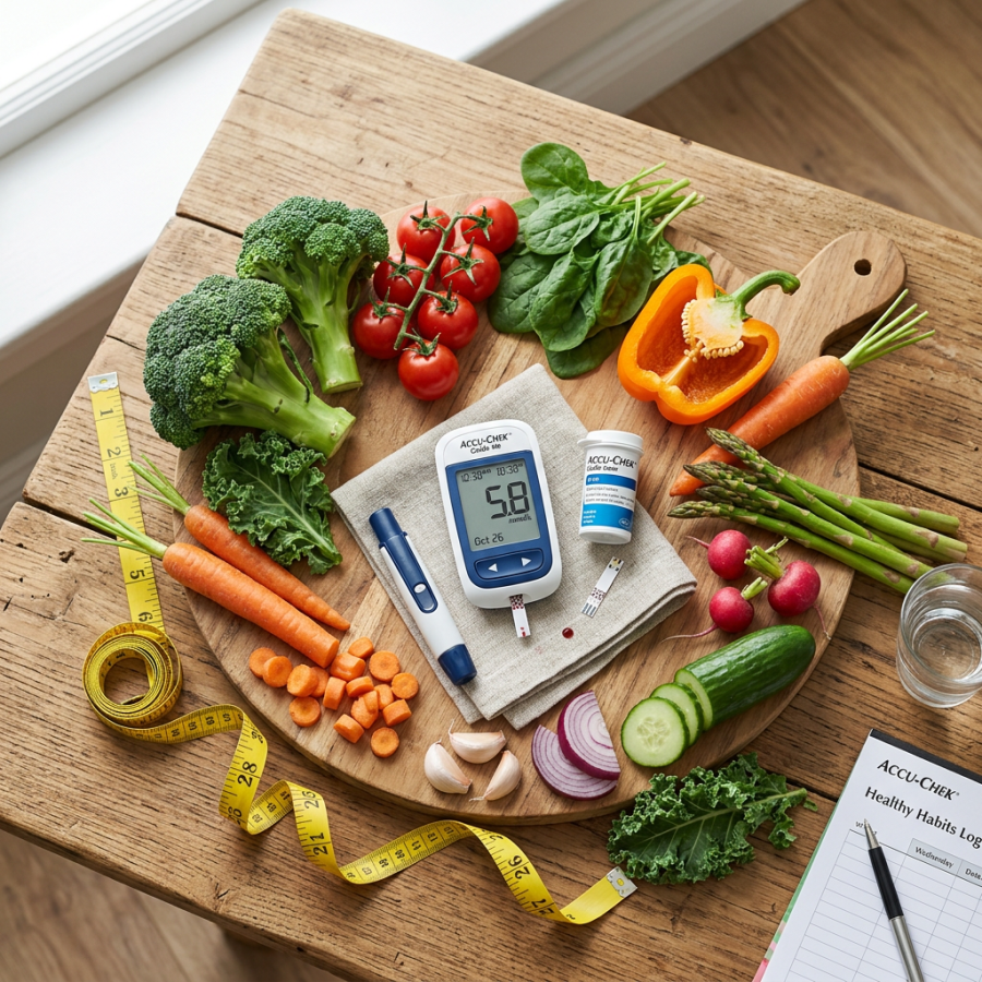 Glucose meter showing reading with fresh vegetables and measuring tape on wooden cutting board