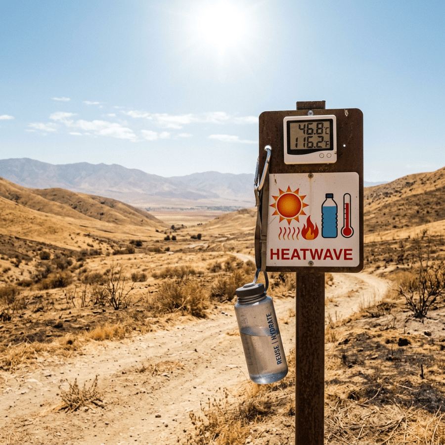 Heatwave warning sign displaying 46.8°C and 116.2°F with hydration reminder on a dry trail
