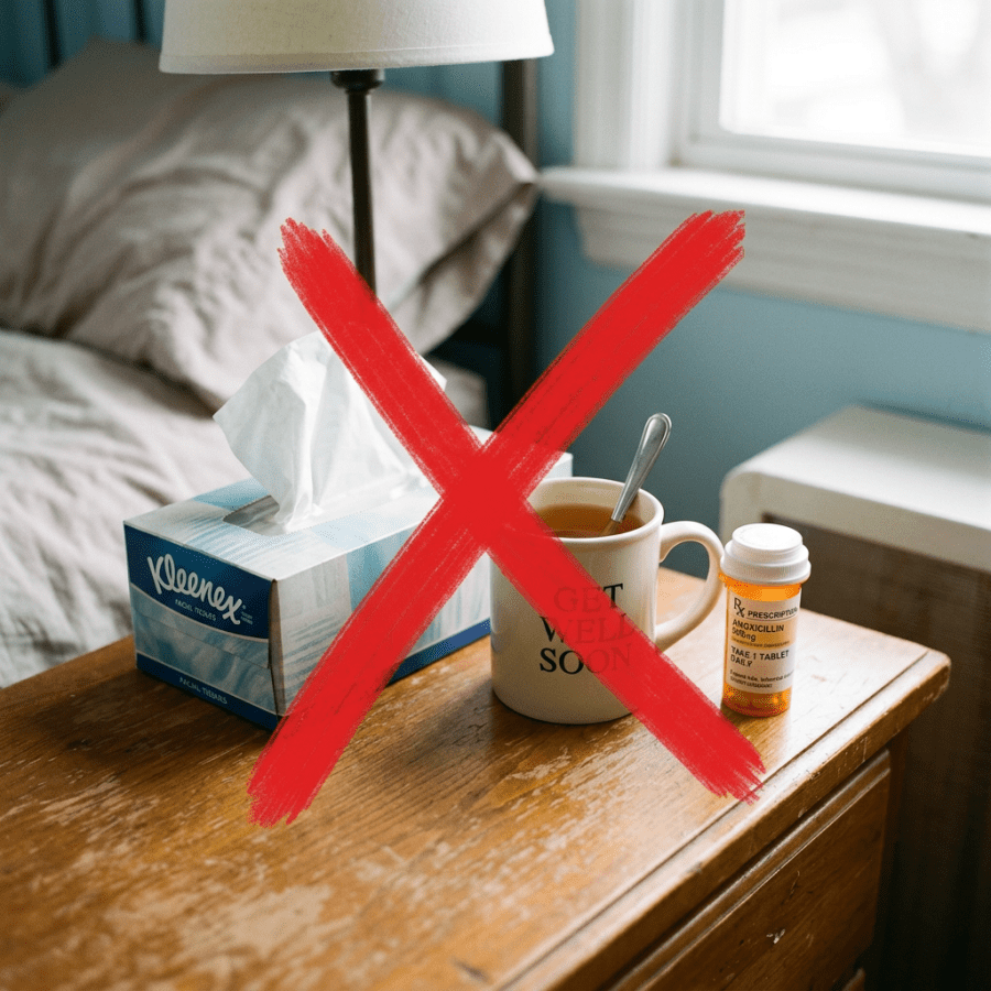 Tissues, a tea cup with spoon, and a medication bottle on a wooden bedside table crossed out with a red X