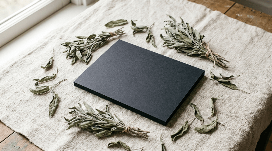A flat black rectangle lying on cream linen surrounded by sprigs of dried sage, lit by soft window light.