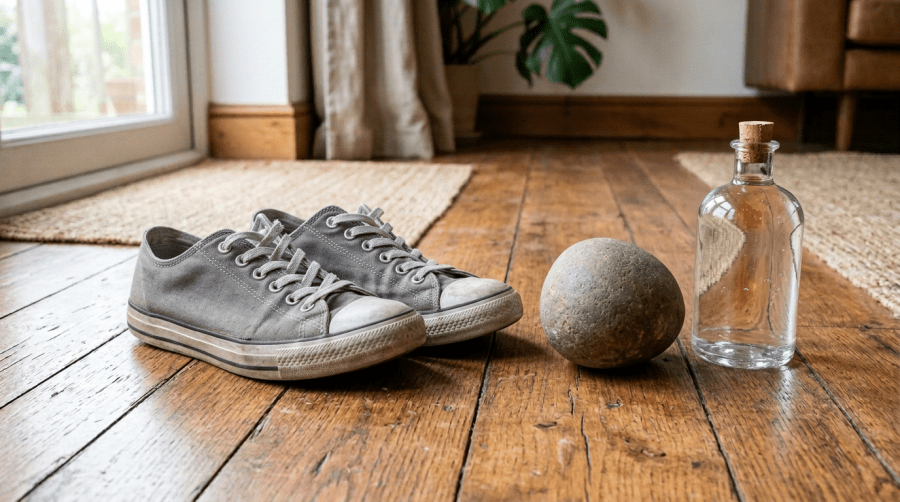 Plain grey canvas walking shoes, a smooth stone and an unlabeled clear glass bottle on a wooden floor in daylight.